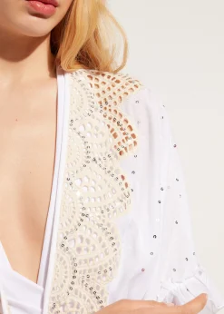 Caftan Kimono Avec Broderie Anglaise Et Paillettes