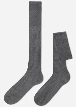 Chaussettes Longues Cotelees En Fil D'Ecosse Pour Homme