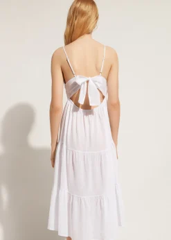 Robe Mi-Longue En Dentelle Macrame Et Jupe Volantee